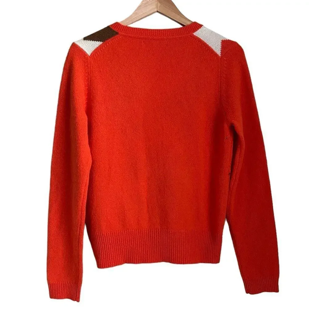 Tommy Hilfiger Vtg Orange V-Neck Sweater Women M Geometric Argyle Wool Blend Y2K